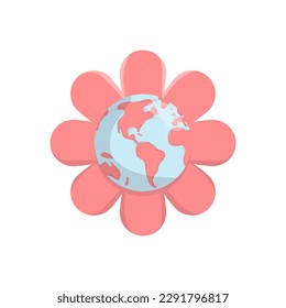 Planet earth flowering. Flower bloom with the world map in the center. Vector illustration.