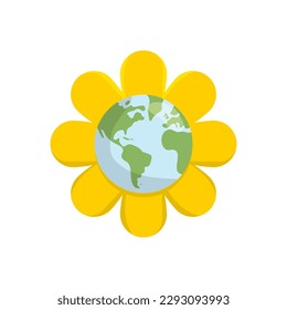 Planet earth flowering. Flower bloom with the world map in the center. Vector illustration.