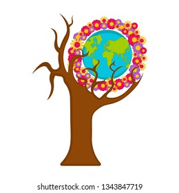 Planet Earth with flowers on a tree. Vector illustration design
