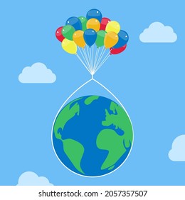 Planet Earth flying with colorful balloons in the sky. Conceptual vector illustration with metaphor and fantasy. 
