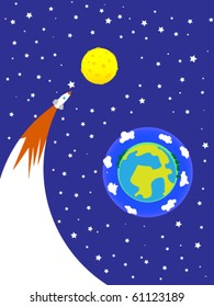 Planet the earth and the flying rocket.