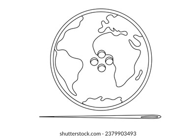 Planet Earth in the form of a button with four holes. National Button Day. One line drawing for different uses. Vector illustration.