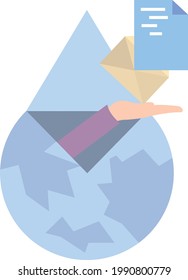 planeta tierra en forma de sobre abierto y una mano con una carta