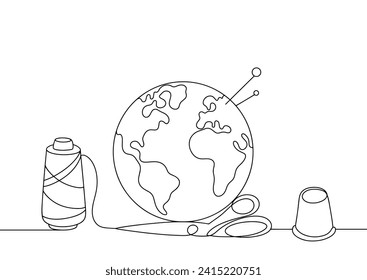 Planet Earth in the form of a pincushion. Nearby are scissors, a thimble and sewing thread. National Tailors Day. Images produced without the use of any form of AI software at any stage. 