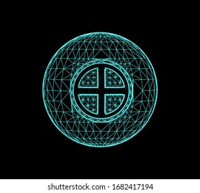 Planet Earth in the form of polygonal connected lines and a symbolic sign in the center. Vector 3d illustration