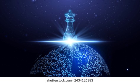 Planet Earth with futuristic glowing chess figure, global strategy and diplomacy concept. Polygonal wireframe vector illustration.