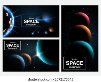 Planet, Earth and Galaxy Space Card Vector Set: Explore the Solar System with Planets, Asteroids, and Cosmic Designs for Banners, Flyers, Brochure and poster. Vector.