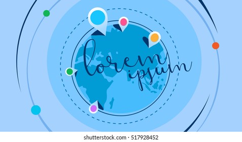 Planet Earth, geolocation and navigation, red markers, gps. Vector illustration