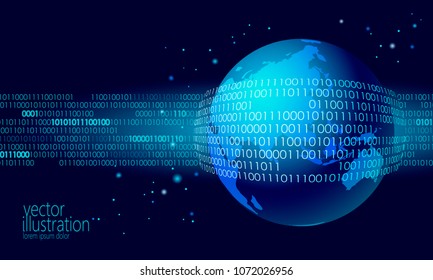 Planet Earth global data exchange binary code. Security payment personal information cyber attack blue business concept world map Asia Europa Australia India China Japan vector illustration art