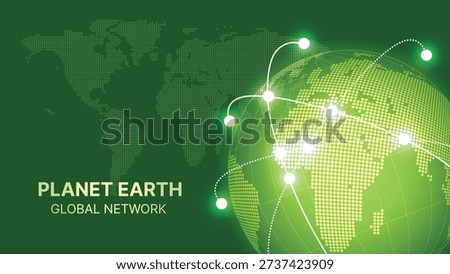Planet Earth Global Network Concept – Green Digital World Map with Connected Dots and Global Communication Technology Vector Illustration