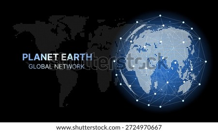 Planet Earth Global Network Vector, Glowing Dotted World Map and Connected Globe with Nodes and Lines, Digital Technology and Worldwide Communication Background