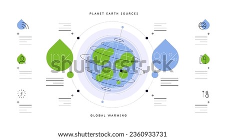 Planet Earth and global warming. Globe with place for information. Infographic slide with icons, flat illustration and places for text. Vector file.