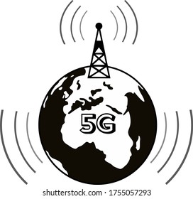 Planet Earth (globe) and 5G tower, radiation waves. The effect of 5G radiation on humans, the ecology of the planet, the health of mankind. Black white vector icon, illustration for article, design.