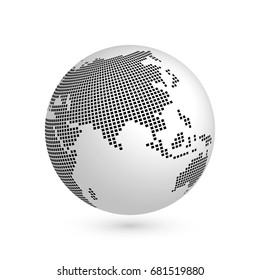 Planet Earth globe with black squared map of continents Asia. 3D vector illustration with shadow isolated on white background.