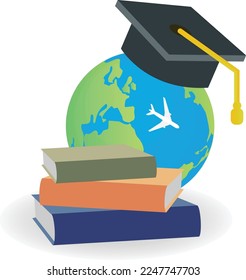 Planet earth globe with books, plane and a graduation cap, study abroad concept