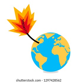 Planet earth globe with burning fuse, bomb, doom, climate change, isolated on white background