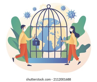 Planet Earth globe in cage as metaphore quarantine in world. Lockdown in world countries. Stop COVID-19 Coronavirus. Danger zone. Modern flat cartoon style. Vector illustration on white background