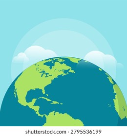 Planet Earth Globe Flat Vector Illustration Showing the Americas with Blue Sky and Soft Clouds