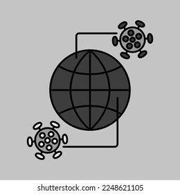 Planet Earth globe with grayscale icon of coronavirus 2019-nCov. The spread of a virus outbreak in the world. COVID 19 outbreak and world pandemic risk concept.