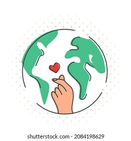 planet earth globe and human hand with love gesture. concept of ecology and waste recycling and recycling. vector illustration. logo on white background