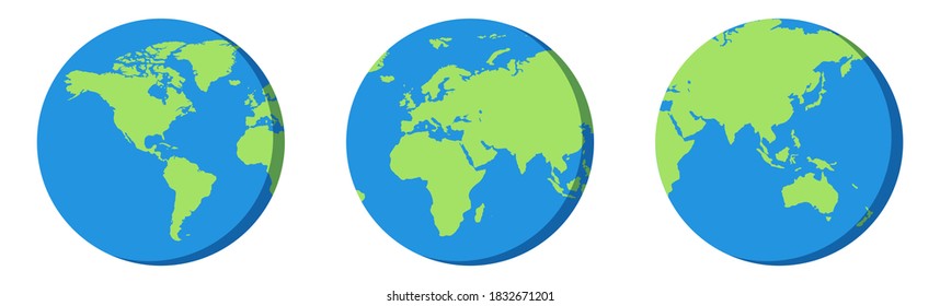 Planet Erde. Globe-Symbol auf Blau und Grün. Weltkarte in flachem Design auf weißem Hintergrund. Einziger Cartoon-Globus mit Kontinenten. Silhouette aus Amerika, Asien und Europa. Umweltzeichen. Vektor EPS10