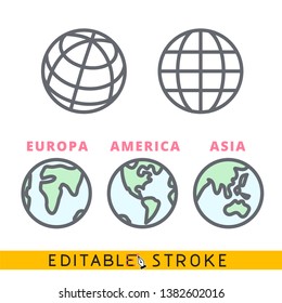 Planet Earth globe icon set. Easy editable stroke line vector.