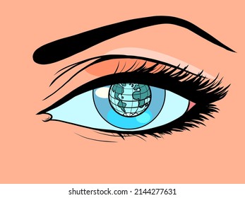 planet earth globe map instead of a pupil in a womans eye