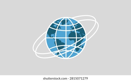 Planet earth globe model surrounded by intersecting white orbit rings representing global communication network.