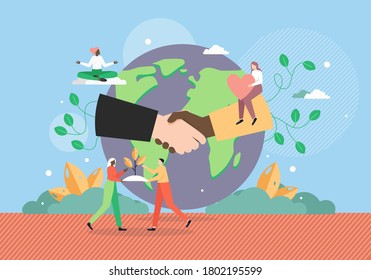 Planet Earth globe with multiracial handshake, tiny characters with heart, sprout, flat vector illustration. International Peace Day, stop racism, world peace, global partnership, planet care.