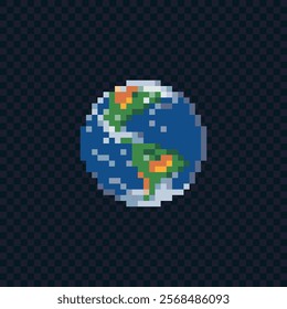 Planet Earth globe pixel art icon. Design for mobile app, web, logo. Isolated vector illustration. 8-bit sprite.
