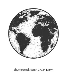 planet Earth globe sketch engraving vector illustration. T-shirt apparel print design. Scratch board imitation. Black and white hand drawn image.