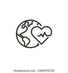 Planet earth globe sphere with a heart with a lifeline health. Vector thin line icon outline linear stroke illustration for concepts of the health of our world. Sustainability, awareness, renewable