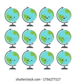 Planet Earth globe with stand with different emotions. Cute characrer. Vector illustration