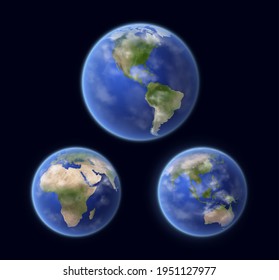 Planet Earth globe surface outer space view, realistic vector. Earth oceans water and continents, atmosphere clouds, Africa, Europe, North and South America, Asia and Australia regions satellite view svg
