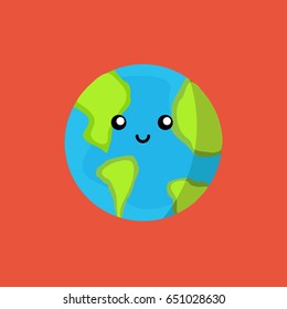planet Earth globe with a sweet & cute face smiling for humanity earth day cartoon modern flat design style. save the world vector with green & blue colors on red background cartoon isolated