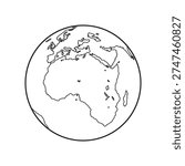 Planet Earth, globe vector linear picture. An earth globe graphic shows outlines of Africa and Europe, Black planet on white background. Silhouette of map for travel. Continents linear. Graphic template.
