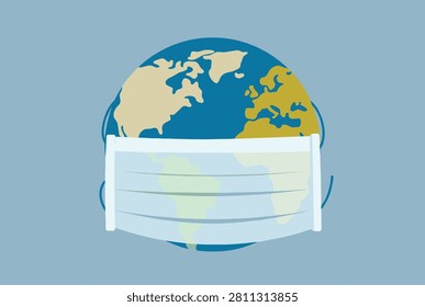 Planet Earth globe wearing a blue medical protective face mask on a blue background representing global pandemic.