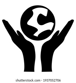 Planet Earth, globe, world in man's hands, save, saving, care for green environment, alternative energy, eco, ecology, ecological sign, logo, symbol, vector, illustration in black and white color