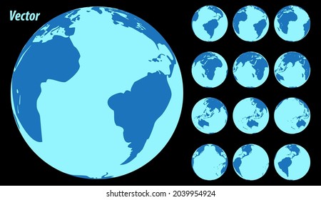 planeta tierra globo con mapa mundial ilustración vectorial diferentes ángulos lado 2d vista