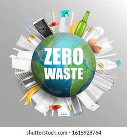 Planet Earth globe with Zero waste slogan and household garbage around it, vector illustration. Save planet, life without plastic, stop nature pollution concept for poster, banner, flyer etc.