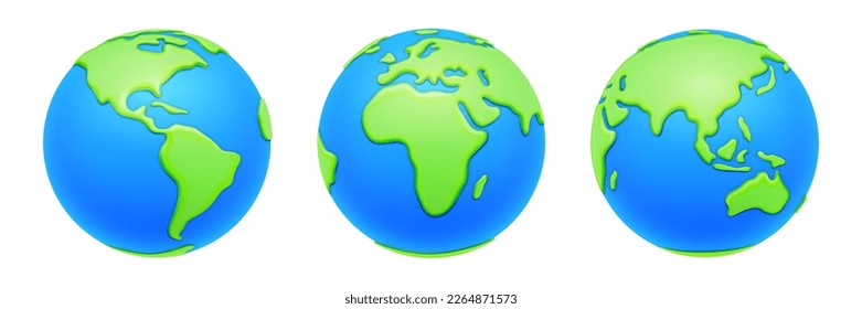 Planet earth globes, geography and traveling. Isolated icons of worldwide view, landscape of lands and oceans, seas and continents. 3d style vector illustration