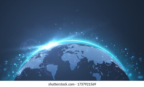 Planet Earth. Glowing World map. Global social network future. Low poly, wireframe 3d vector illustration. Abstract polygonal image on a blue neon background