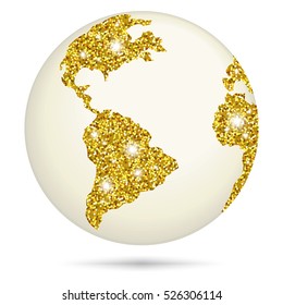 Planet earth with gold glitter on white background.