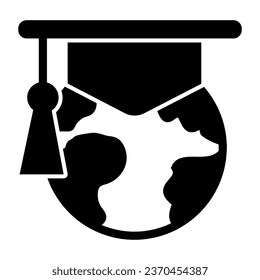 Planet earth with graduate hat solid icon, online education concept, globe master sign on white background, Global Education icon in glyph style for mobile and web design. Vector graphics