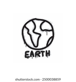 Planet earth graffiti spray painted black on white.