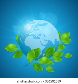 Planet Earth and green branch on a blue background. Vector illustration.