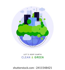 Planet Earth. Green city on globe. Simple creative ecological concept. Modern flat illustration. Vector file.