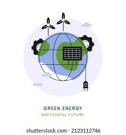Planet Earth with green energy stations. Green energy, successful future. Eco-friendly concept. Vector file.