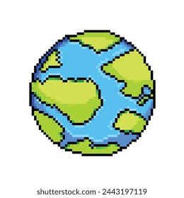 Planet earth with green lands and blue sea water colors. Pixel art retro vintage video game bit vector illustration isolated on square white background.