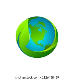 Planet Earth with Green  Leaf Icon Logo or Template